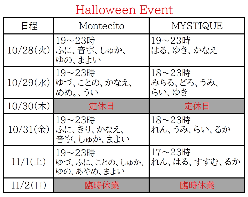 ハロウィンの出勤表