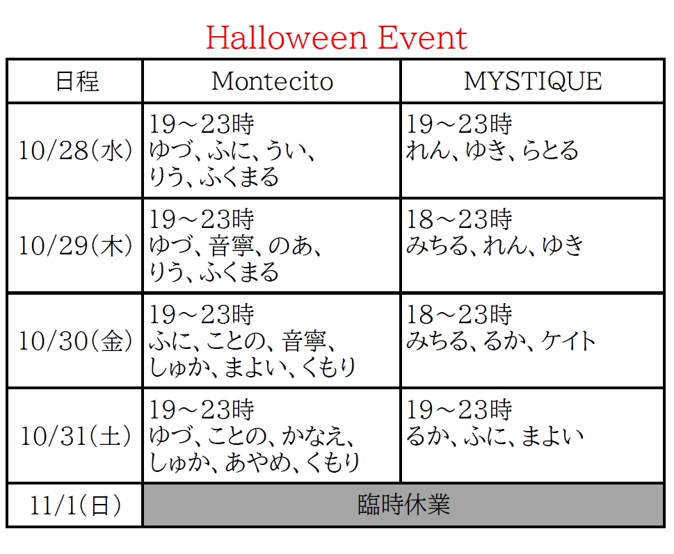 ハロウィンの出勤表